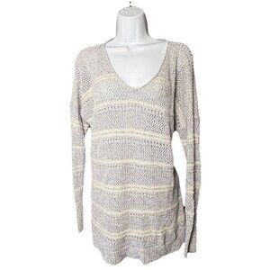 Lou & Grey LOFT Knit Sweater Small Blue White V-Neck Cozy Soft Marled Pullover